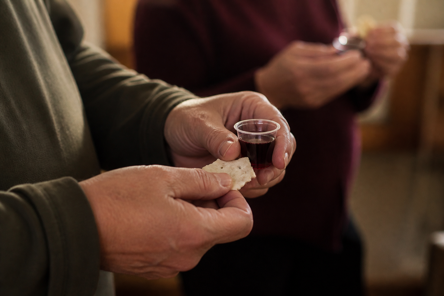 Hands holding broken cracker and a small cup of grape juice for Communion